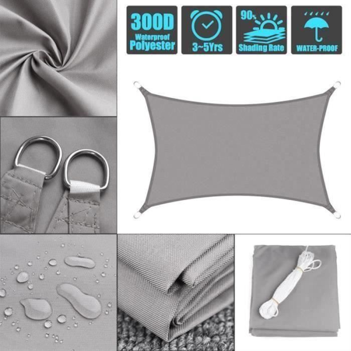 EGSII Rectangulaire Toile Parasol Voile Ombrage Imperméable Gris 3x4m