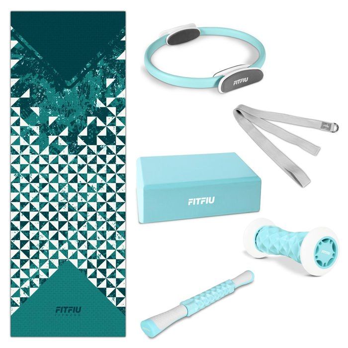 Kit 6 accessoires de yoga KITWELL-601 BLEU, tapis, cerceau pilates, bloc, sangle d'exercice, 2 masseurs - FITFIU Fitness