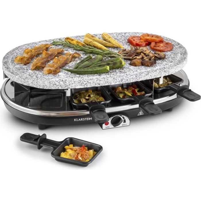 Klarstein Steaklette - Appareil à raclette 2-en-1 avec pierre à griller naturelle pour 8 personnes (1500W, 8 poelons)