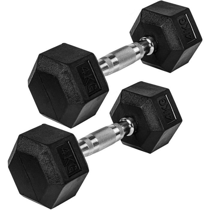 Movit® haltère hexagonal, Dumbbells en fonte avec revêtement caoutchouc, 2x4kg, barre chromée, moletée et antidérapante