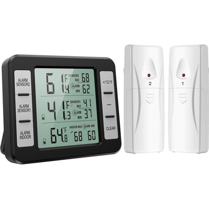Thermomètre de Frigo Congelateur, Thermomètre de Réfrigérateur sans Fil avec 2 Capteurs, Alarme Sonore, Min/Max, Thermomètre in/Exté