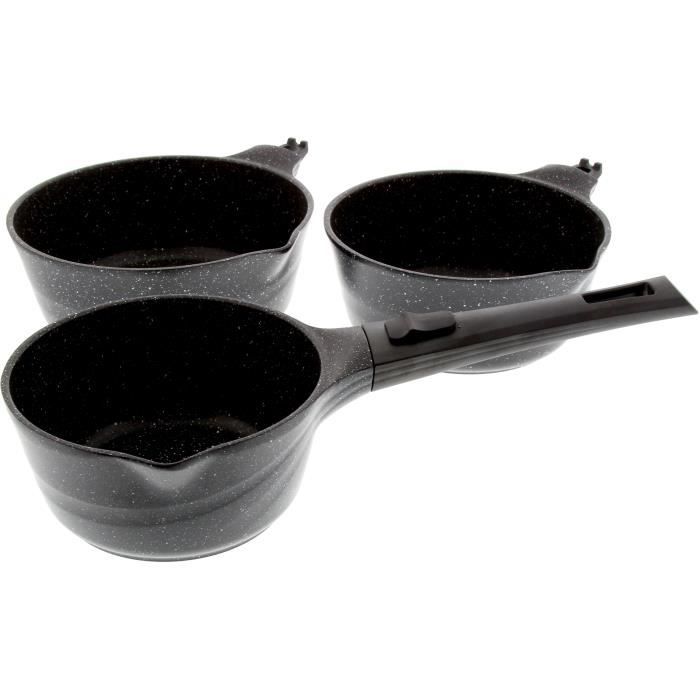 PRADEL EXCELLENCE Lot de 3 casseroles - Onda - 16/18/20 cm - Façon pierre avec un manche - Noir