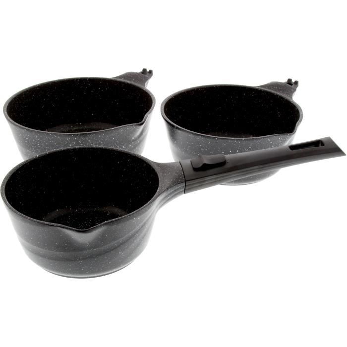 PRADEL EXCELLENCE Lot de 3 casseroles - Onda - 16/18/20 cm - Façon pierre avec un manche - Noir