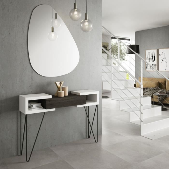 Console + miroir Bois blanc/Bois noir - SOLDIA - L 110 x l 29 x H 77.6