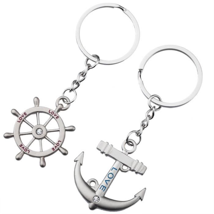 TRIXES Jolis Porte-clés Cadeaux Romantiques Argentés Ancre et Gouvernail de Marine Chaîne de Bateau Love