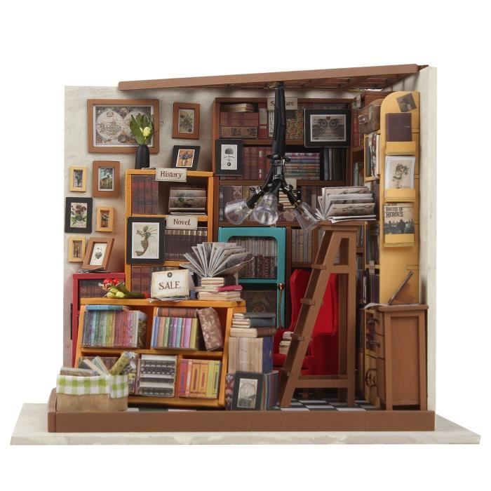 kit de maison de poupée Modèle de librairie de bricolage fabriqué à la main avec un couvercle de protection transparent Bon Matériel