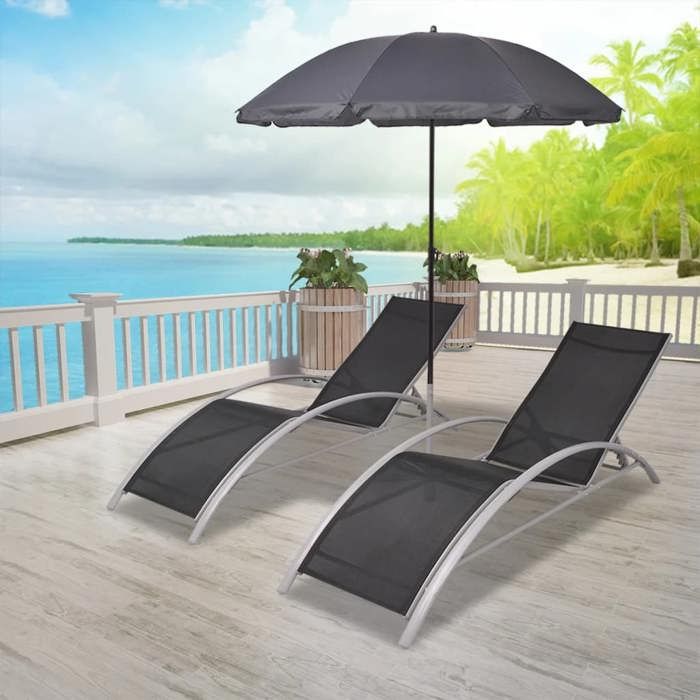 bain de soleil - csy - chaises longues et parasol aluminium noir - contemporain7247