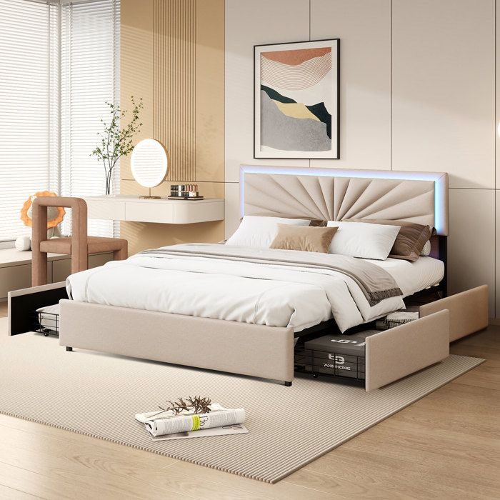 Lit Double Avec Rangement Et Tête De Lit Avec éclairage LED, 140 * 200