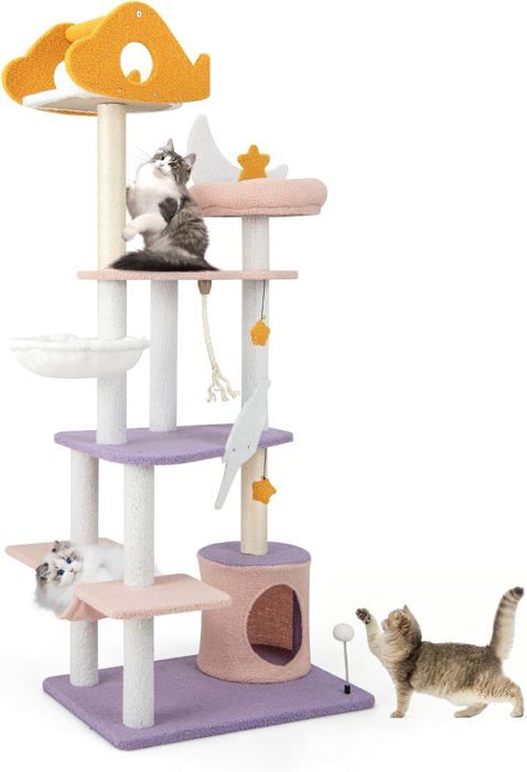 Comparer les prix de GOPLUS Arbre à Chat 167CM, avec Griffoirs en Sisal, Plateformes, Jouets, Hamac Incurvé, Mobilier Elégant pour Chats, 68x48x167cm