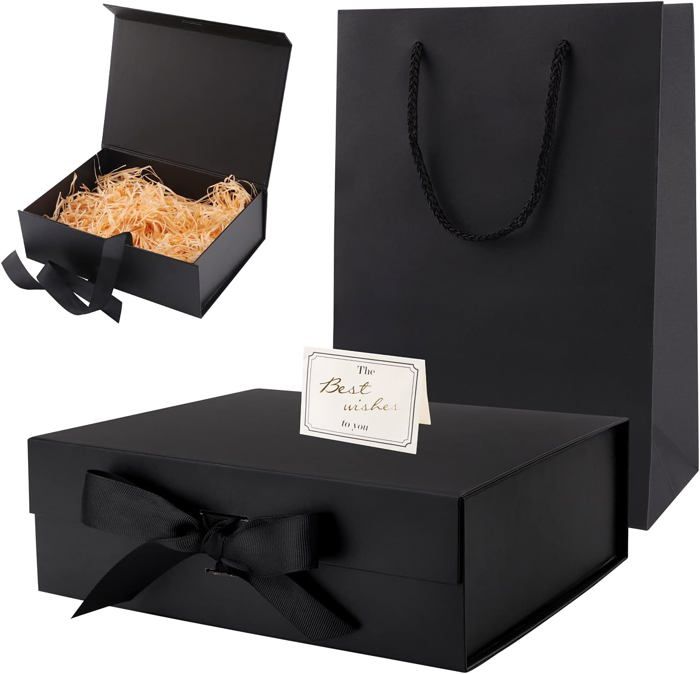 Boîte Cadeau avec Couvercle - 31x22x7 cm - Coffret Carton avec Fermeture Magnétique - Idéal pour Anniversaire, Mariage, Noël, Naissance - Emballage en noir mat pour Présent - Pack de 1