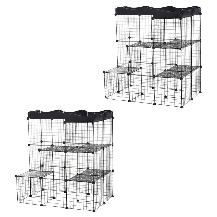 Lot de 2 cages parc enclos pour petits animaux PawHut chats visons modulable 3 niveaux 2 portes rampe fil métallique noir