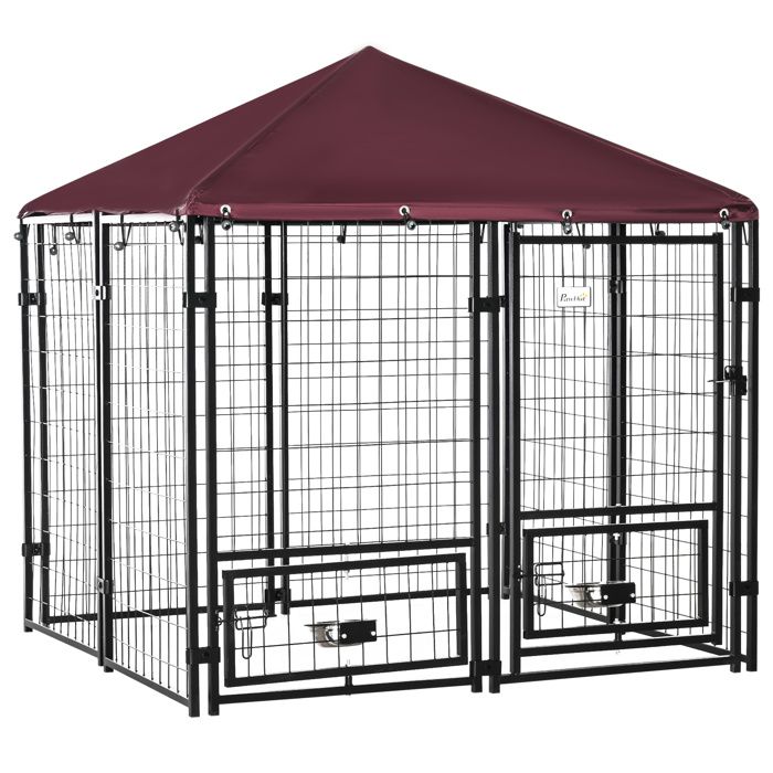 Comparer les prix de Chenil extérieur pour chiens - PawHut - 2 supports de bol rotatifs 8 panneaux - toit résistant aux intempéries - 141 x 141 x 153 cm