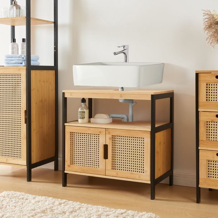 Meuble sous lavabo Tervola bambou 60 x 60 x 35 cm noir naturel aspect rotin
