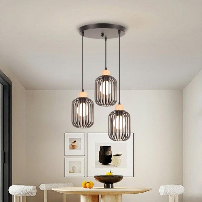 WOTTES 3 Lampes Suspension Luminaire Industrielle Disque Lustre en Bois Métal Design Cage Rétro Lampe E27 Éclairage Vintage Noir