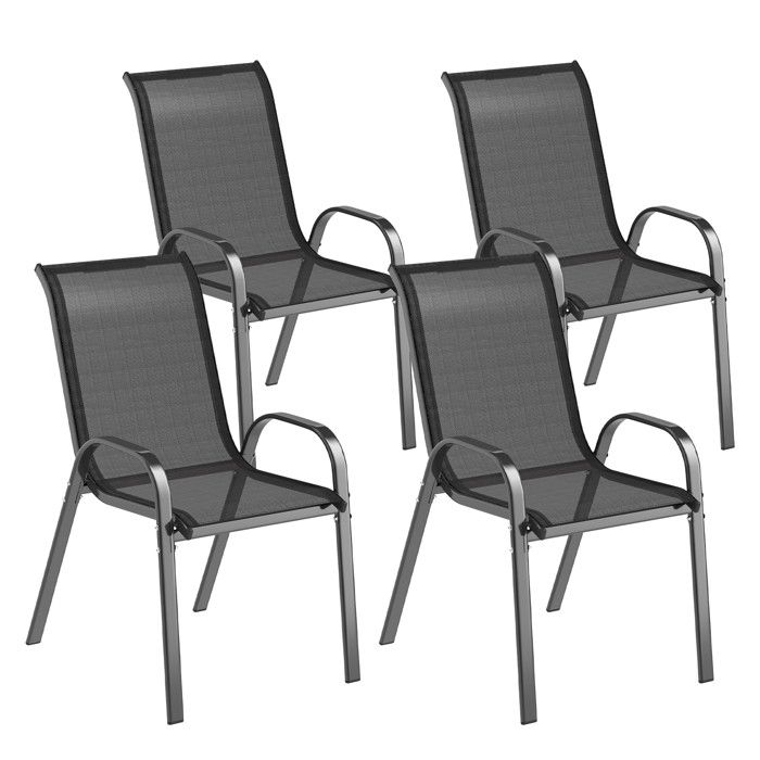 Chaises de jardin - Outsunny - lot de 4 - empilables - accoudoirs courbés - dossier haut incliné - cadre en acier - noir