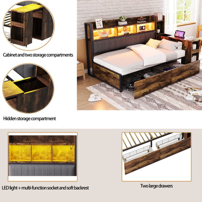 Canapé-lit 90x200cm - Avec rangement - 2 tiroirs et prises - Avec LED - Bureau coulissant - Naturel(matelas non inclus) Canapé-lit 90x200cm - Avec rangement - 2 tiroirs et prises - Avec LED - Bureau coulissant - Naturel(matelas non inclus)