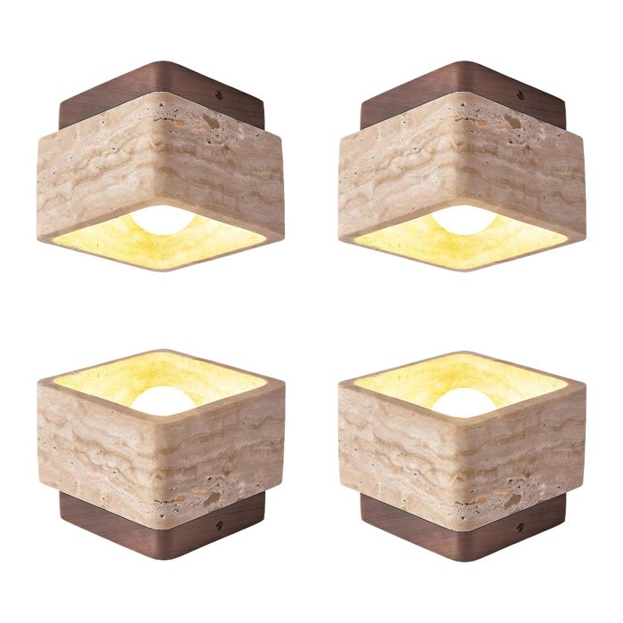 iDEGU 4x Plafonnier Vintage Carré Lustre Abat-jour Travertin Jaune Naturel Lampe de Plafond Noyer Industriel pour Salon Chambre