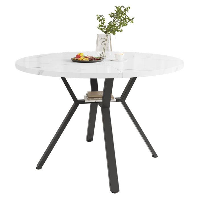Table à Manger Ronde Extensible SELMA - Plateau Effet Marbre Blanc - Pieds Métal Noir - 4 à 8 Personnes - 110-150 Cm - 10