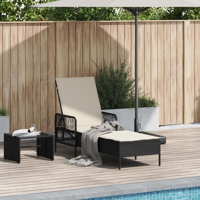 Desginer Chaise longue/Lit de repos - SOLOMON - Pour jardin - Noir et crème PE Rattan 157 x 55 x 92 cm CC597