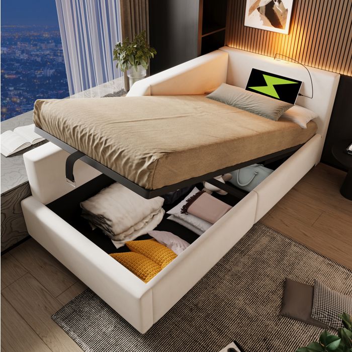 Lit banquette coffre 90 x 190 cm EVRYAE avec rangement hydraulique USB-C et lampe de lecture velours beige