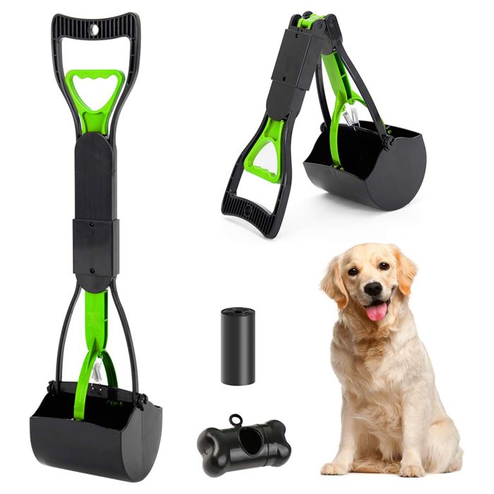 60 cm Pelle Ramasse Crottes Pliable pour Chien et Chat Pet Long Manche Pooper Scooper pour Caca de Chien avec 20 Sacs Vert