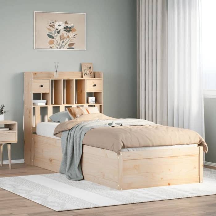 Structure de lit en bois de pin - UU - 90x190 cm - Bois de pin massif - Étagères de rangement - Tête de lit avec tiroirs