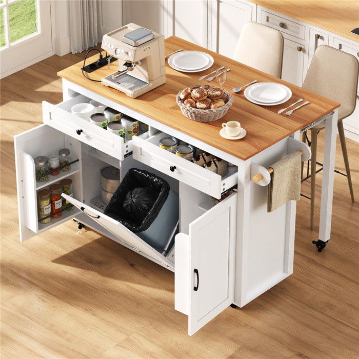 Ilot Central Cuisine avec Rangement et Plan de Travail Blanc Extensible Multiprise USB et Poubelle Intégrée Étagères Ajustables