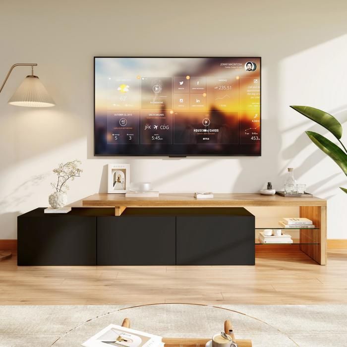 Meuble TV LED - 200x39x42cm - Design Moderne - avec Rangement Étagères Verre & Éclairage Multicolore - Noir et Bois