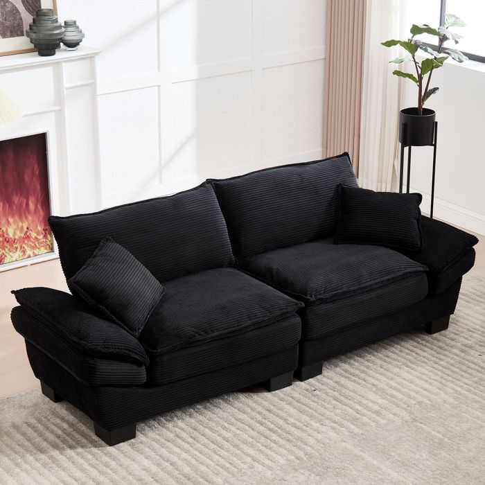 Canapé 2 places velours noir - ressorts assise ultra-profonde 224×81×81 cm