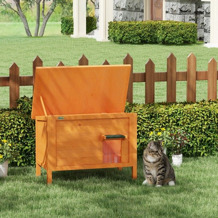 Niche extérieure isolée surélevée en bois 60x60x81.5 cm avec rideau pour chat et petits animaux orange - Abri sécurisé Niche extérieure isolée surélevée en bois 60x60x81.5 cm avec rideau pour chat et petits animaux orange - Abri sécurisé