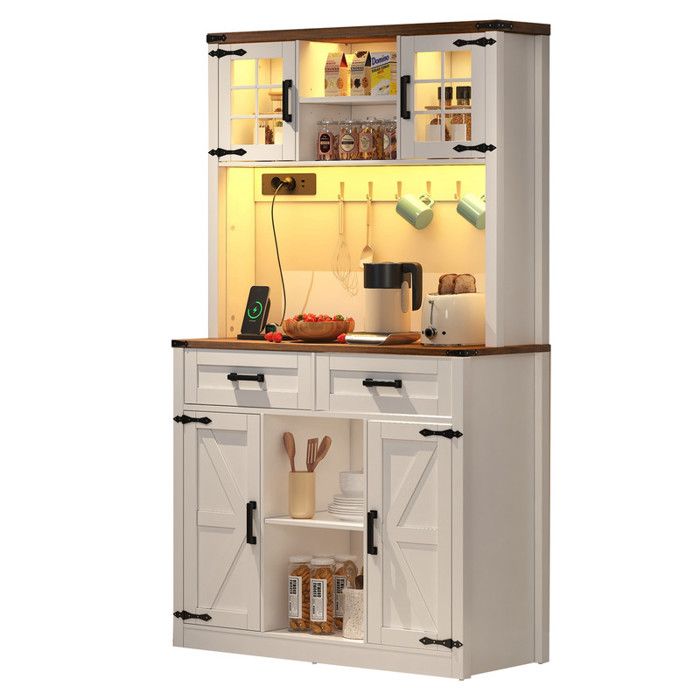 Buffet Cuisine Meuble Rangement avec éclairage LED et Prises Armoire de Cuisine avec 2 Tiroirs étagères Réglables 100x40x172cm