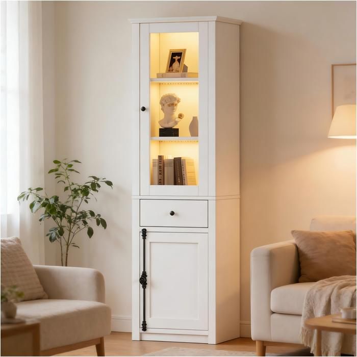 Vitrine Haute Blanche avec LED 1 Tiroir et 2 Portes Armoire de Rangement avec Porte Vitrée pour Salon