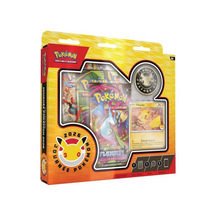Coffret Pokémon Pikachu : 3 Boosters - Collection Journée Pokémon 2026 Carte A Collectionner Française + 1 Carte Tigre