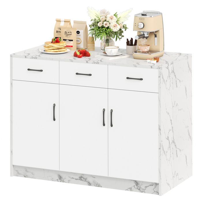 VLIVRA Desserte de Cuisine avec 3 Portes 3 Tiroirs et Espace Bar - pour Cuisine - en MDF - 120×60×90 5 cm - Blanc
