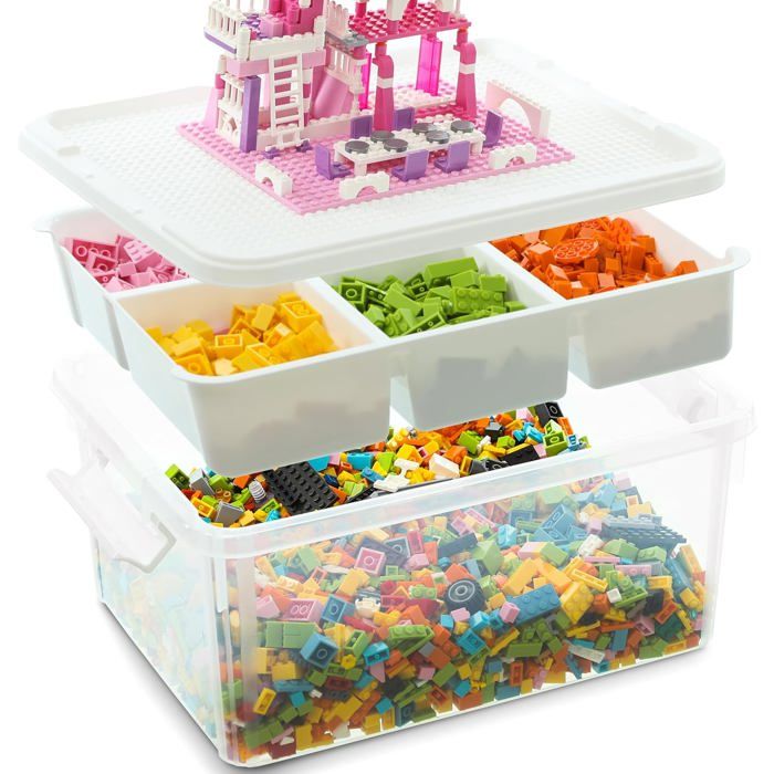 Boîte à Jouets Transparente 16L - Couvercle Compatible Briques 5 Compartiments Clips Fermeture - Idéale Organisation Petits Objets