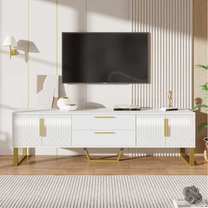 Meuble TV blanc laqué brillant avec tiroirs centraux et détails dorés