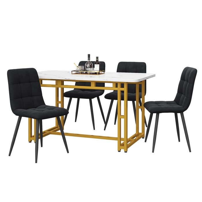 Table de salle à manger dorée 120 x 70 cmpieds en fer doréchaises en velours noiravec 4 chaises