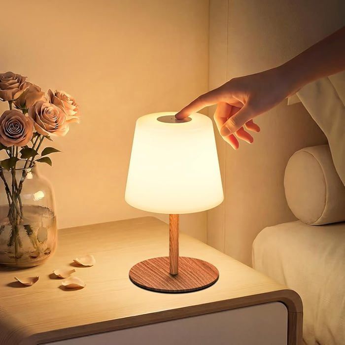 Lampe de Chevet S Fil Tactile Lampe de Table LED Rechargeable USB-C avec Batterie 4500mAh Couleur Noyer 1 Pièce