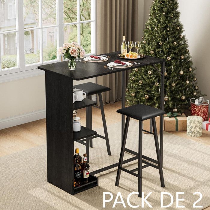 Ensemble Table Haute de Bar et Chaises - GARVEE - Avec 3 étagères ouvertes pratiques – Noir-2PCS