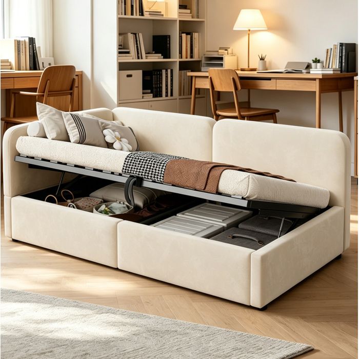 Lit de jour 1 place - Sommier 90x200 cm - Canape-lit avec coffre hydraulique - Velours beige - Tete de lit reversible