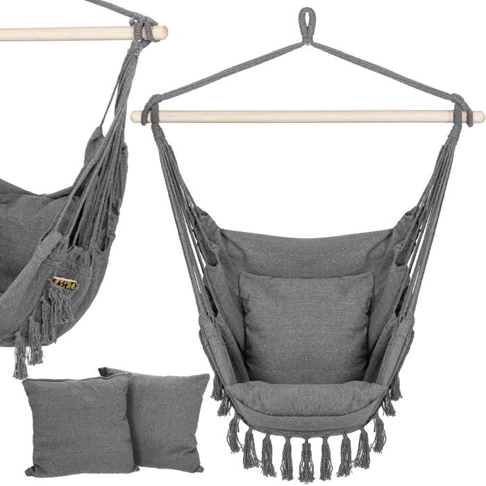Fauteuil suspendu - SPRINGOS - Springos® - Gris - Barre bois 100 cm - 2 coussins & poche latérale