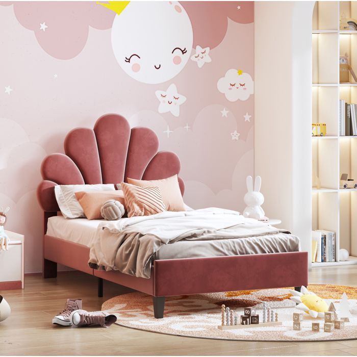 Lit Enfant Et Ado Fille 90 x 200 cm Rembourré Velours Rouge Pâte De Haricot Tête De Lit Fleur Réglable Sommier À Lattes 1 Place