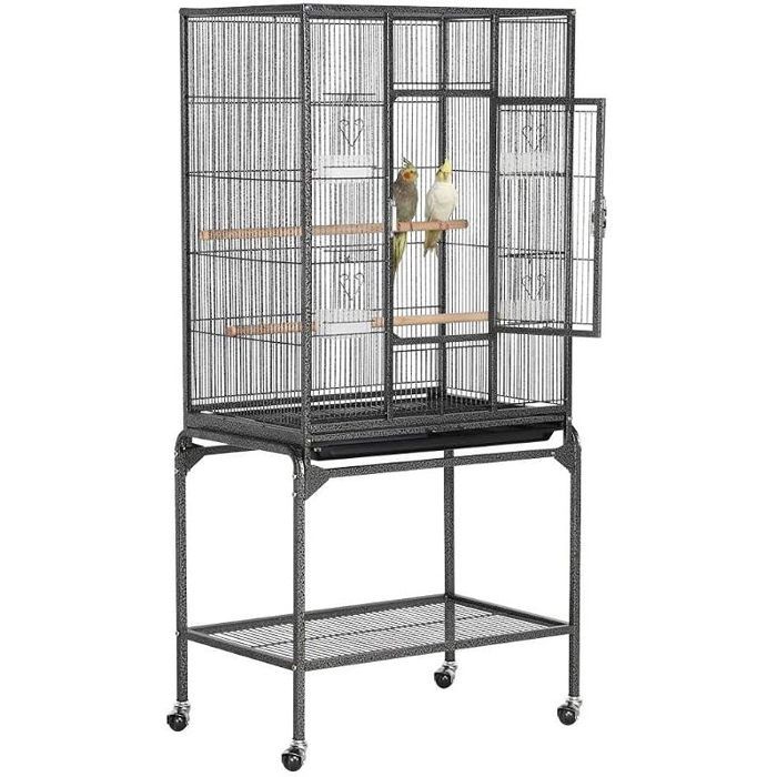Yaheetech Grande Cage/Volière Oiseaux intérieur 655 x 425 x 1365cm avec Support Détable à roulettes pour Perroquet Noir Noir
