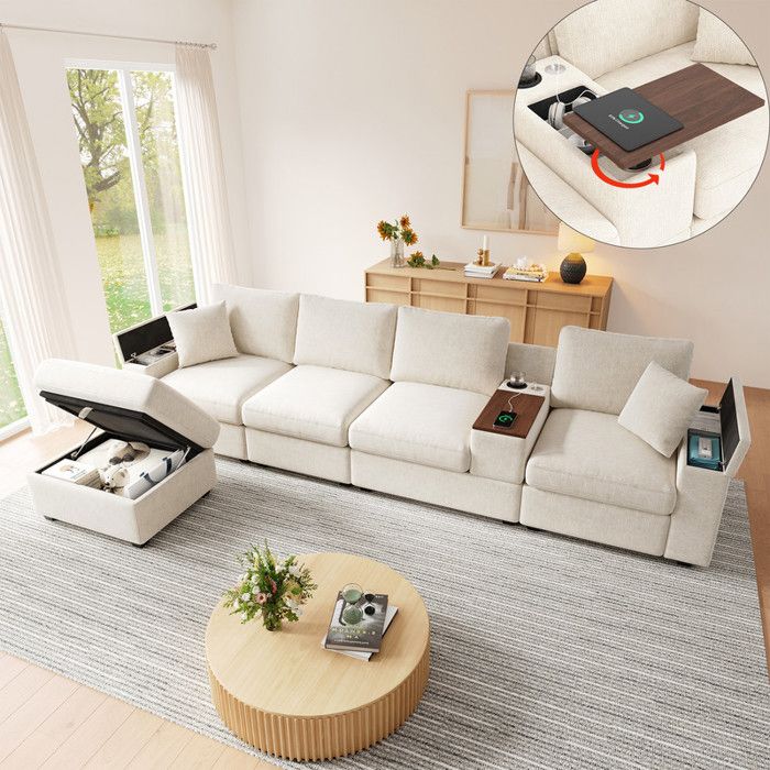 Canapé 5 places avec ports USB/C Canapé dangle multifonction avec rangement et table basse Canapé modulaire en L avec pouf Beige