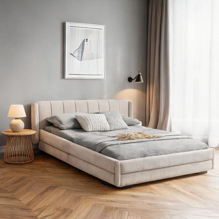 Cadre de lit double 160x200 cm en chenille beige chaleureux structure eucalyptus et métal style épuré