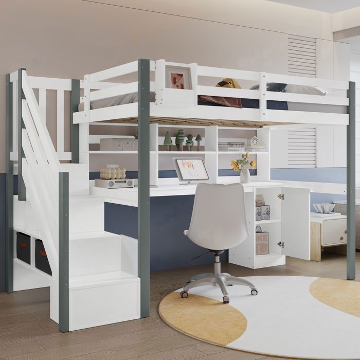 Lit Mezzanine 90x200cm avec Bureau et Escaliers de Rangement - Lit simple - Étagères intégrées et Boîtes en Tissu Blanc Gris