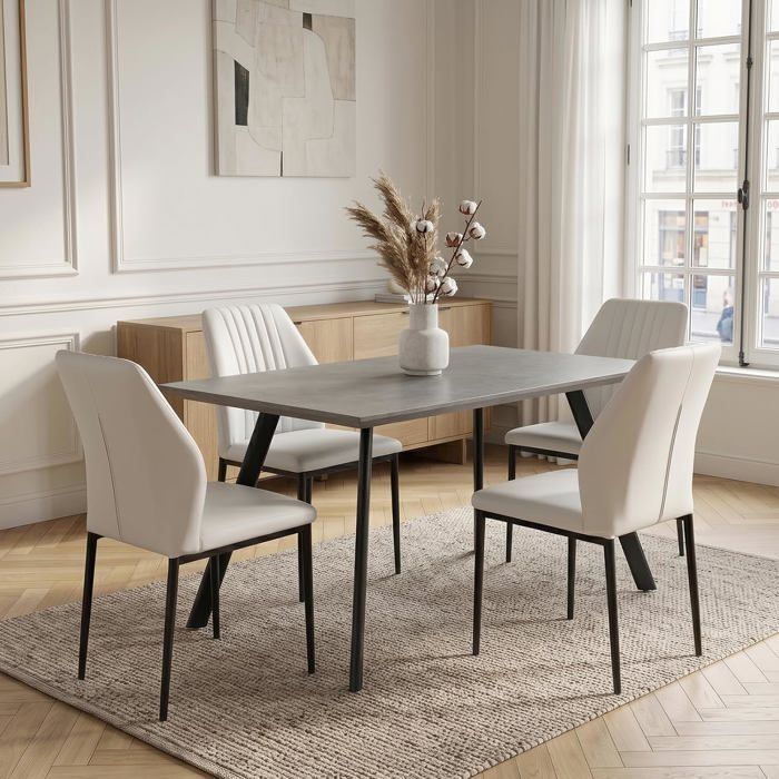 JIEXI Ensemble de salle à manger 4 pièces comprenant 4 chaises en similicuir et une table rectangulaire gris béton