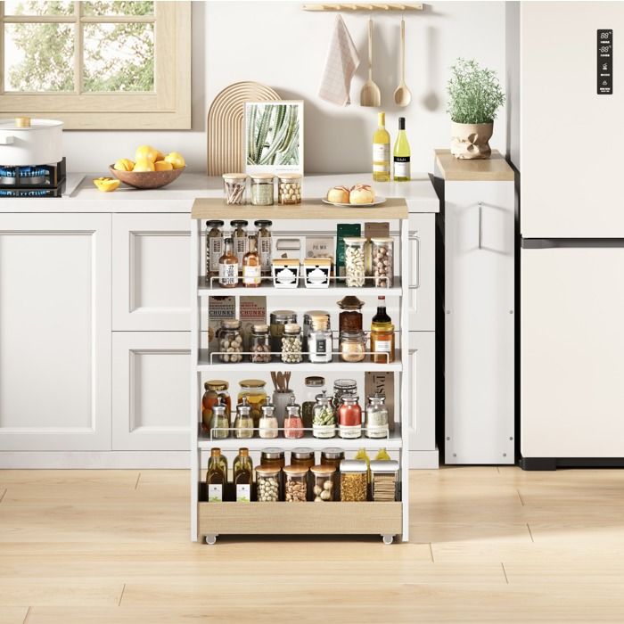 Desserte de cuisine 20 cm avec 4 étagères réglables et roulettes MDF blanc aspect bois 55 × 20 × 85 cm - UVRION