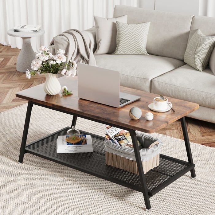 Table basse industrielle marron deux niveaux étagère maille cadre métal assemblage simple salon