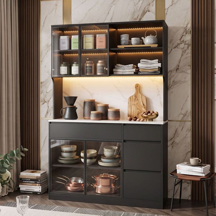 Buffet de Cuisine - 120x40x180cm - Éclairage LED & Plan de Travail Aspect Marbre - Armoire Haute en MDF avec Vitrines en Verre